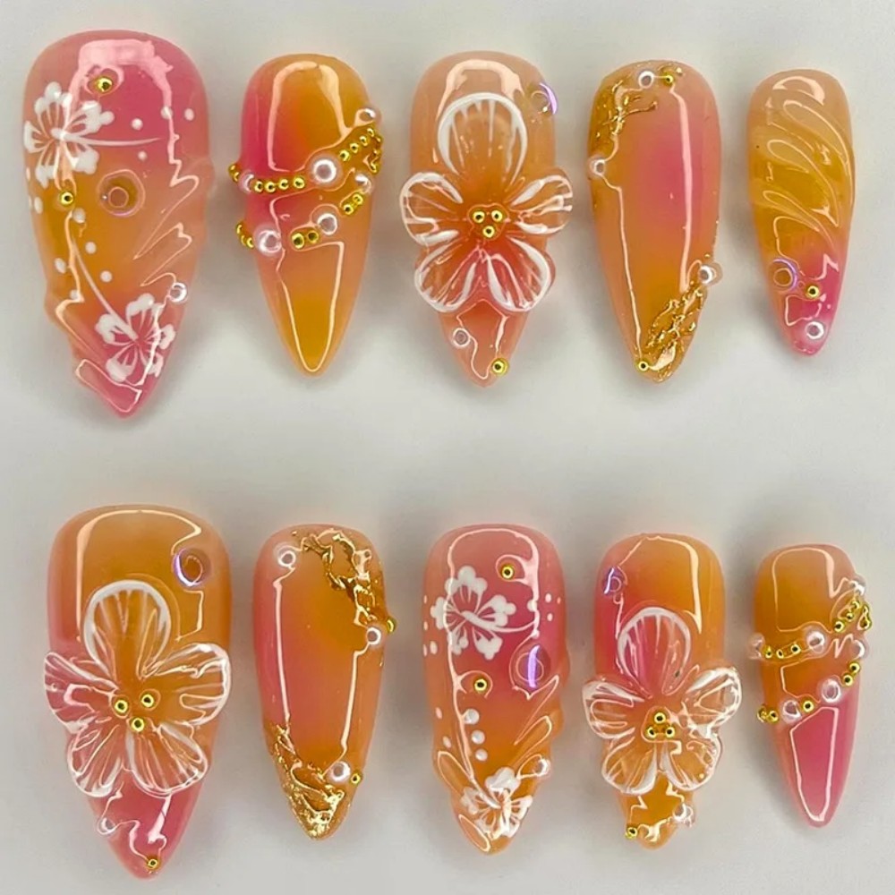 24Pcs Pink Gradient Almond Fak - Pressed Flower Art ulasan dan harga
