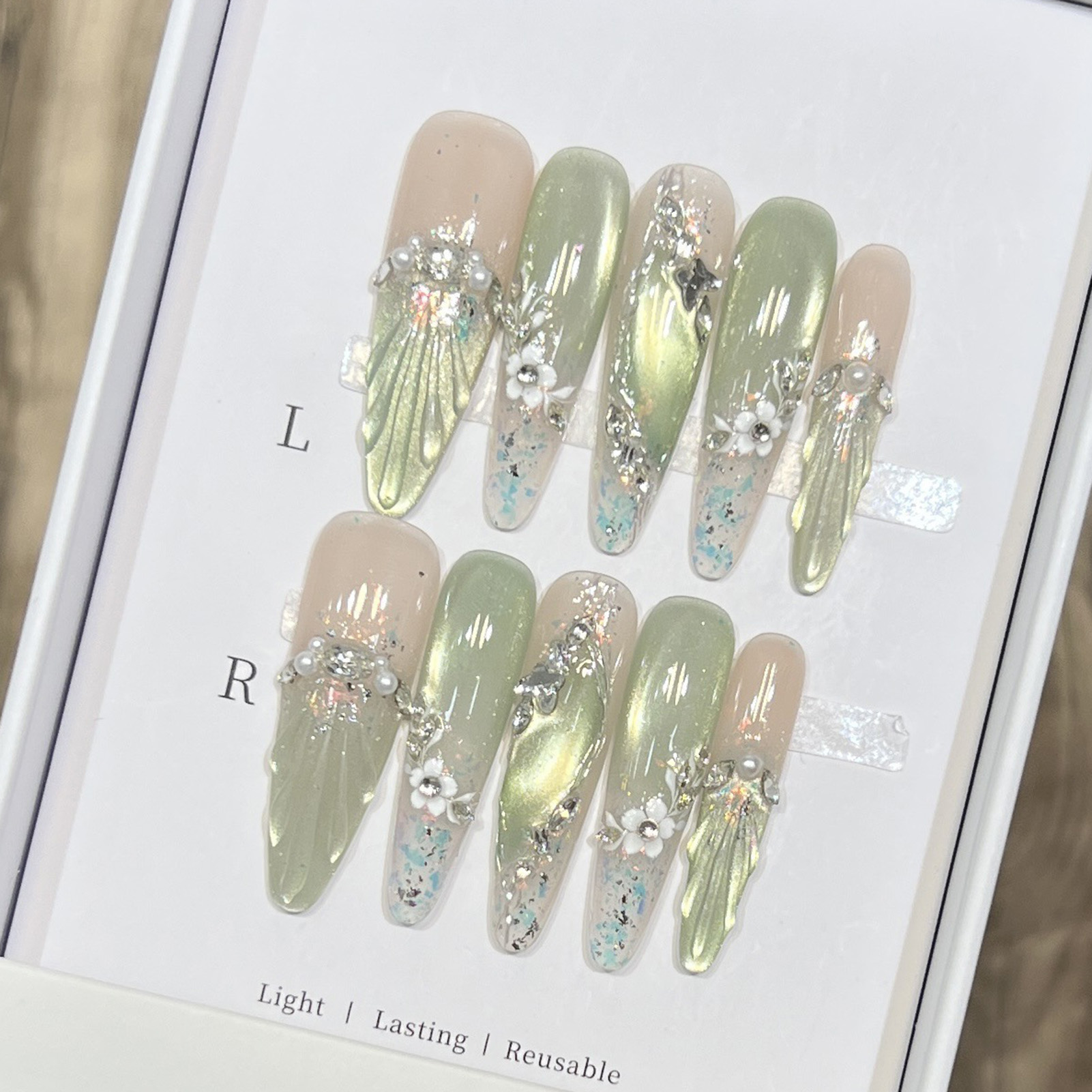 10pcs Long Almond Fake Nails T - Pressed Flower Art ulasan dan harga
