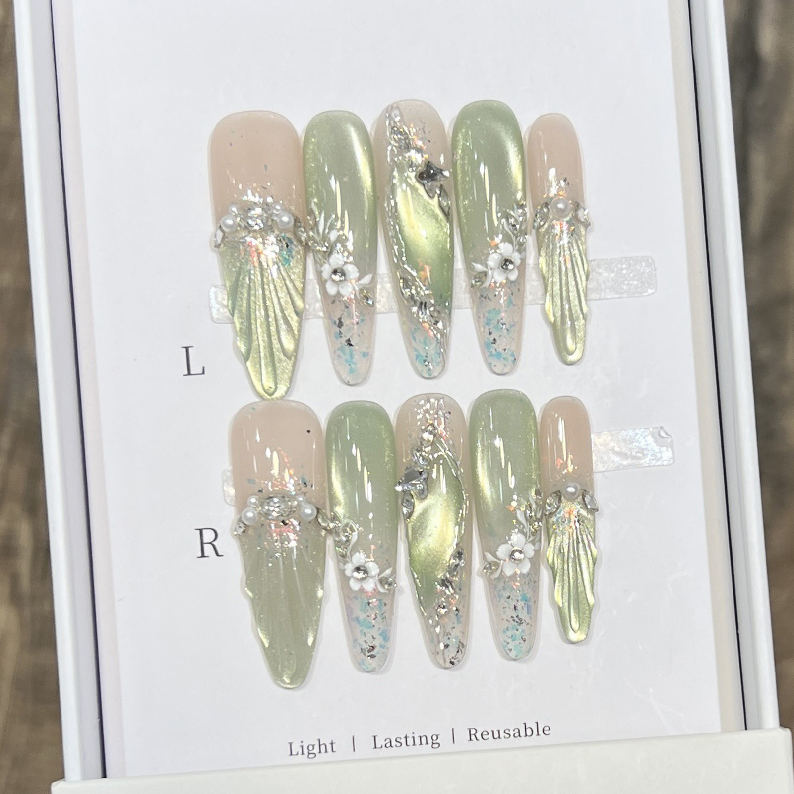 10pcs Long Almond Fake Nails T - Pressed Flower Art ulasan dan harga